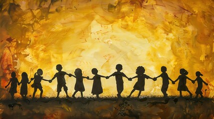 Depict a silhouette of children holding hands and forming a circle