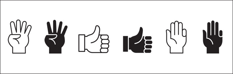 Thumb up hand and number four icon. Four finger hand sign. Thumb up hand gesture. Vector stock illustration. Flat and line design style. Isolated on white background.