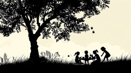 Create a silhouette of children having a picnic under a tree