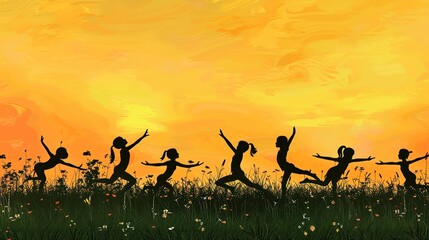 Draw a silhouette of children practicing yoga on a grassy field