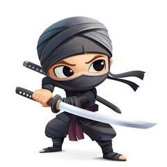 Obraz premium Cartoon Ninja Character with Sword in Action Pose on White Background
