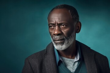 Teal background sad black American independent powerful man. Portrait of older mid-aged person beautiful bad mood expression isolated on background racism skin color depression 