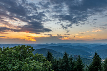 Mountains of Palatinate Forest during Sunset seen from Rehbergturm, Rhineland-Palatinate, Germany,...