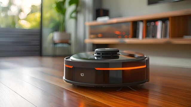 A robotic vacuum cleaner autonomously cleaning a living room floor, moving around furniture and picking up dust and debris.
