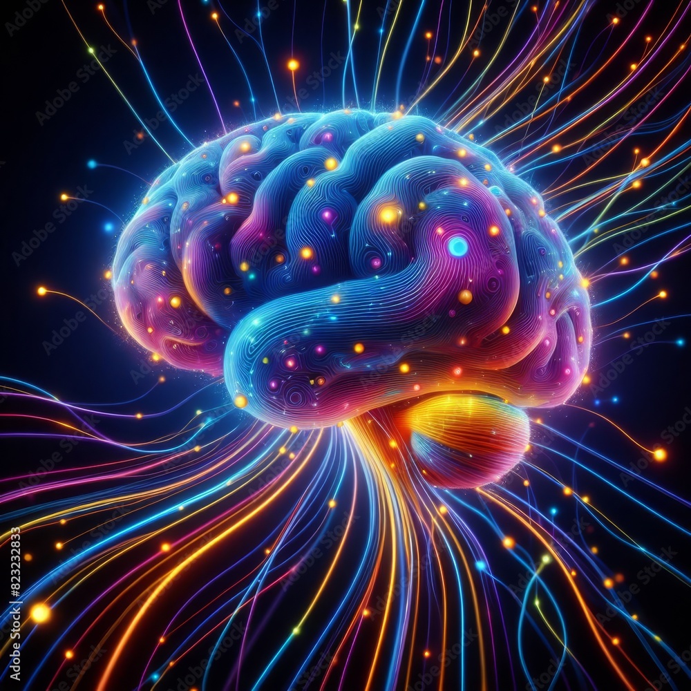 Poster a vibrant digital illustration of a human brain with glowing neural connections in multiple colors a