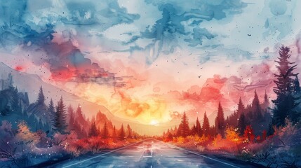 Vibrant watercolor painting of a scenic road through a forest during sunset, capturing the colors and essence of nature and imagination.