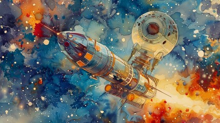 Vibrant watercolor painting of a spacecraft in space, surrounded by colorful stars and nebulas, symbolizing exploration and adventure.