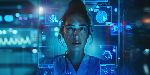  Nurse using digital interface to review patient data in blue color. Concept Digital interface