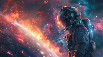 Space explorer in a glowing suit, surrounded by a beautiful galaxy