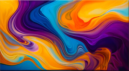 Obraz premium Vibrant and dynamic abstract art piece. The canvas is filled with swirling patterns in hues of blue, purple, yellow, and orange of colorful painting style wavy background
