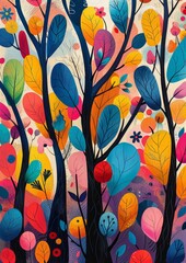 Vibrant abstract illustration featuring colorful leaves and trees with a whimsical, artistic style. Perfect for creative and artistic projects.
