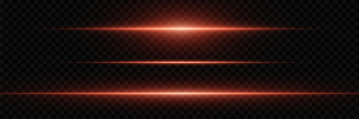 Fototapeta premium Set of red lines and light explosion. Magic neon light, horizontal beam. On a transparent background.