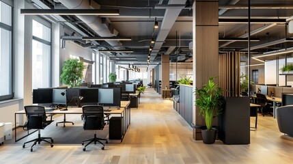 Modern open plan office interior workspace . Generative Ai
