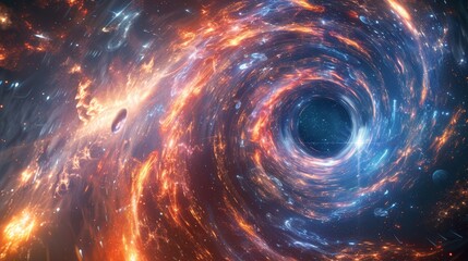 Stunning depiction of a glowing cosmic black hole in space, capturing swirling colors and interstellar dust in a mesmerizing galactic phenomenon.