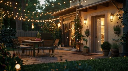 An inviting suburban home's patio, adorned with string lights, offers a cozy retreat on a summer evening