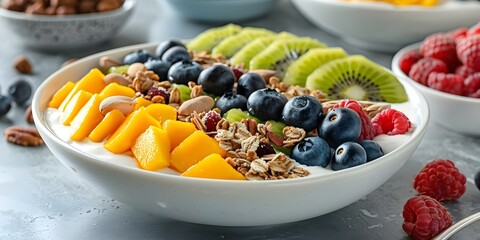 Bowl of yogurt topped with kiwi mango blueberries raspberries granola and nuts. Concept Healthy Breakfast, Fruit & Yogurt Bowl, Nutritious Snack - Powered by Adobe
