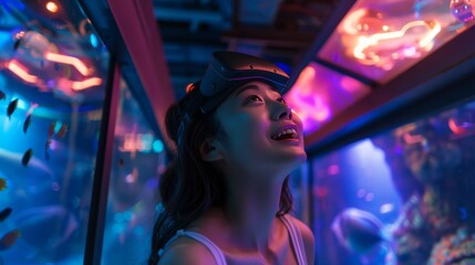 Person enjoying a VR experience in a futuristic, space-based aquarium. Upper body shot with a smile, highlighting the wonder and excitement.