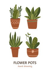 Set of hand drawn flower pots. Vector illustration