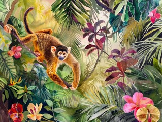 Obraz premium A monkey is swinging from a tree branch in a jungle. The painting is full of vibrant colors and lush greenery, creating a lively and energetic atmosphere