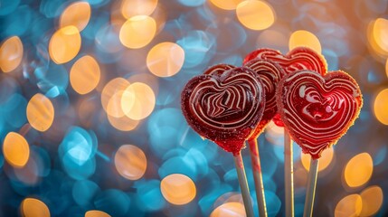 Three lollipops shaped like red hearts with a blurred background