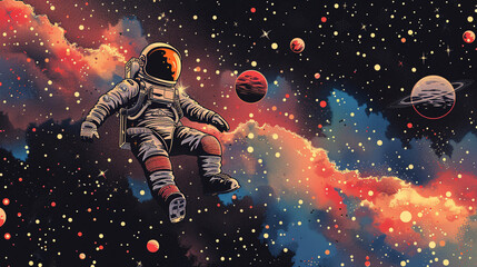 Fototapeta premium Vector art of a spaceman floating near a satellite, with Earth visible in the background