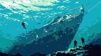 A Historic Shipwreck Visible Just Offshore, Snorkelers Exploring It, Cartoon ,Flat color