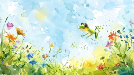 A frog is flying through a field of flowers. The sky is blue and the flowers are colorful