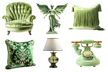Set of fashion retro decor home objects on png background.