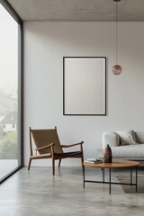 Scandinavian-style minimalist living room with frame on the wall for your background business, poster, wallpaper, banner, backdrop, greeting cards, and advertising for business entities or brands.