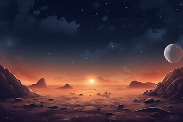 Alien Planet Sunset, Sci-Fi Desert Landscape, Stars in the Sky