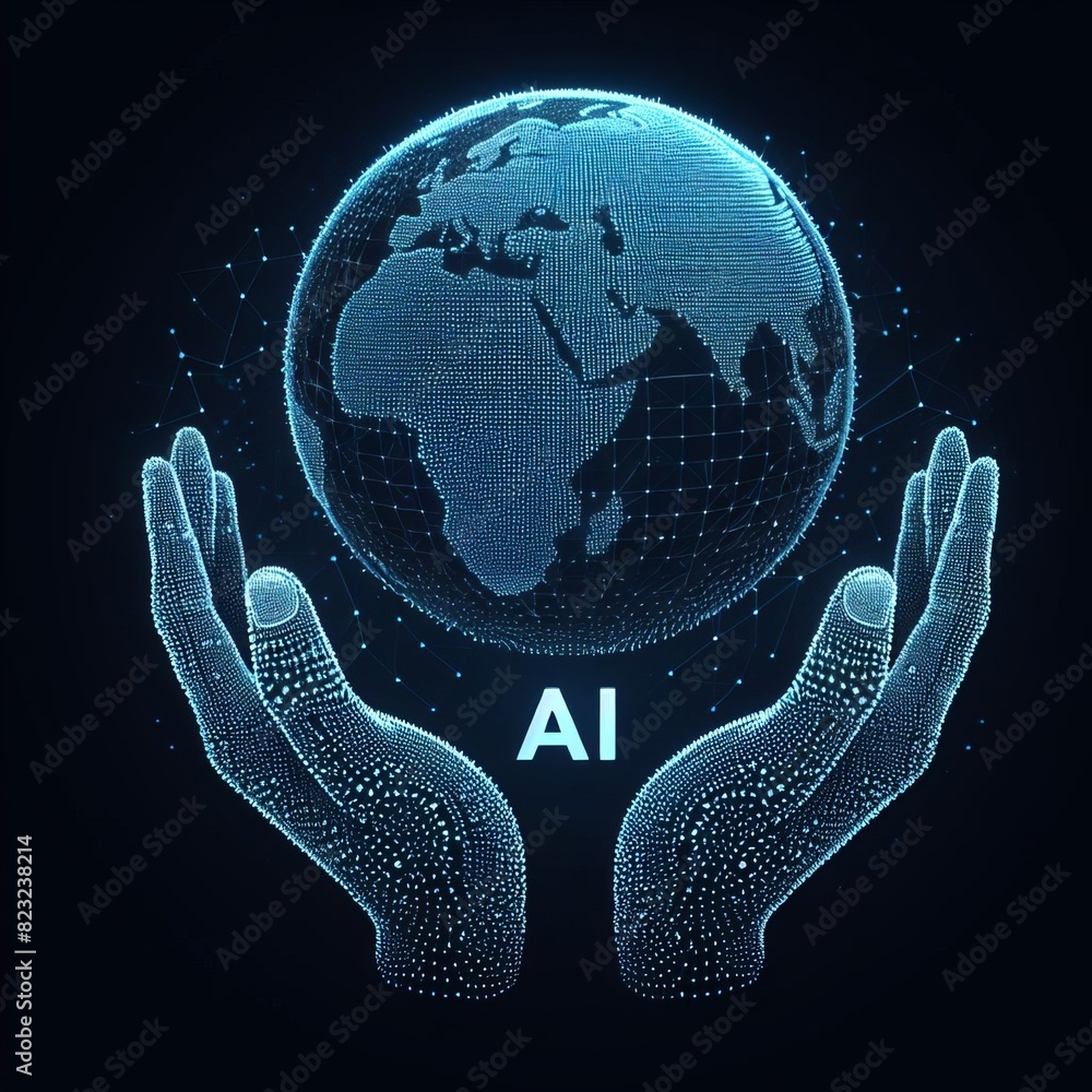 Poster a conceptual image featuring a digital globe cradled by two human-like hands, labeled 'ai', represen