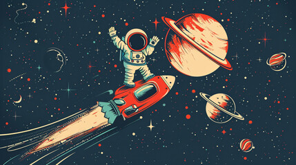 Naklejka premium Vector design of a spaceman flying near the moon with satellite and stars in the sky