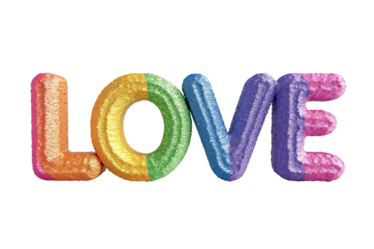Colorful rainbow glitter LOVE text isolated on a transparent background, ideal for LGBTQ+ Pride Month and Valentine's Day related concepts