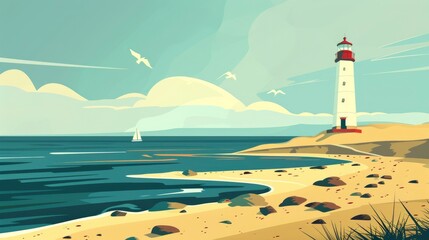 A Lighthouse At The End Of A Long, Sandy Peninsula, Cartoon ,Flat color