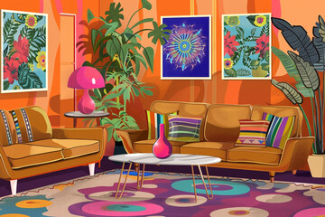 Vintage vector illustration of a 70s-inspired living room, adorned with bohemian decor, lava lamps, and psychedelic posters 