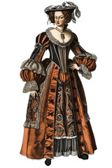 Obraz premium Elegant woman in traditional European baroque costume isolated on a transparent background, ideal for historical reenactment and theatrical costume design themes