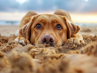 See a dog feeling adventurous, digging in the sand at the beach