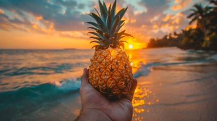 A person holding a pineapple on a beach at sunset - Powered by Adobe