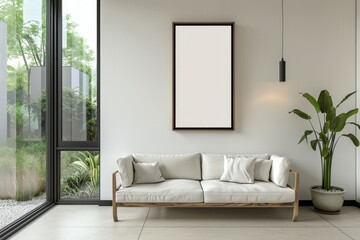 Simple, modern furniture in a minimalist living room with neutral tones for your background business, poster, wallpaper, banner, backdrop, greeting cards, and advertising for business entities or bran
