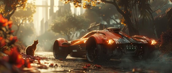 Futuristic car parked on a dimly lit street at dawn with a cat watching nearby, surrounded by lush foliage and mist.