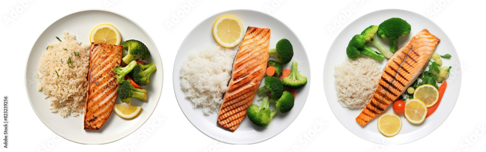 Sticker a salmon steak with rice and boiled vegetables