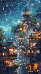 Enchanting nighttime view of illuminated houses in the forest with glowing lanterns and a starry sky, creating a magical ambiance.