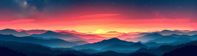Color gradient sunset to night flat design top view day to night transition theme cartoon drawing black and white
