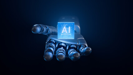 Metal Hand of Humanoid Robot Offering Innovative and Advanced AI Accelerated Chip. Humanoid Robot...
