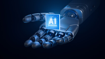 Humanoid Robot Hand with Glowing Futuristic Processor. Metal Hand of Humanoid Robot Offering...