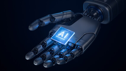 Metal Hand of Humanoid Robot Offering Innovative and Advanced AI Accelerated Chip. Cooperation with...