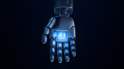 Top View of Humanoid Robot Hand with Glowing Futuristic Processor. Metal Hand of Humanoid Robot...