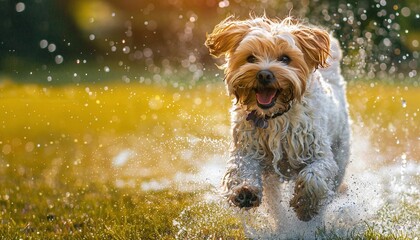 Visualize a dog feeling joyful, running through a sprinkler on a hot day