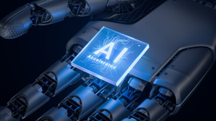 Glowing Futuristic Processor in the Palm of Humanoid Robot Hand. Metal Hand of Humanoid Robot...
