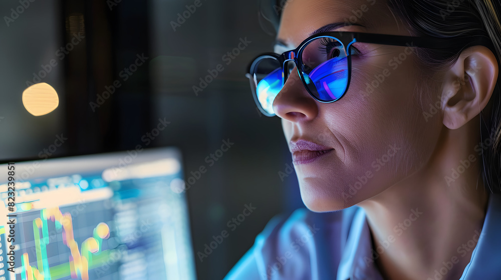 Canvas Prints Female expert in glasses looking at screen with financial data